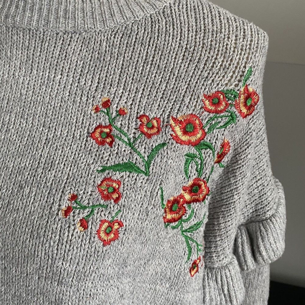 Woven Heart Sweater Small Cottagecore Floral Embroidered Ruffle Sleeve Knit - Picture 3 of 9